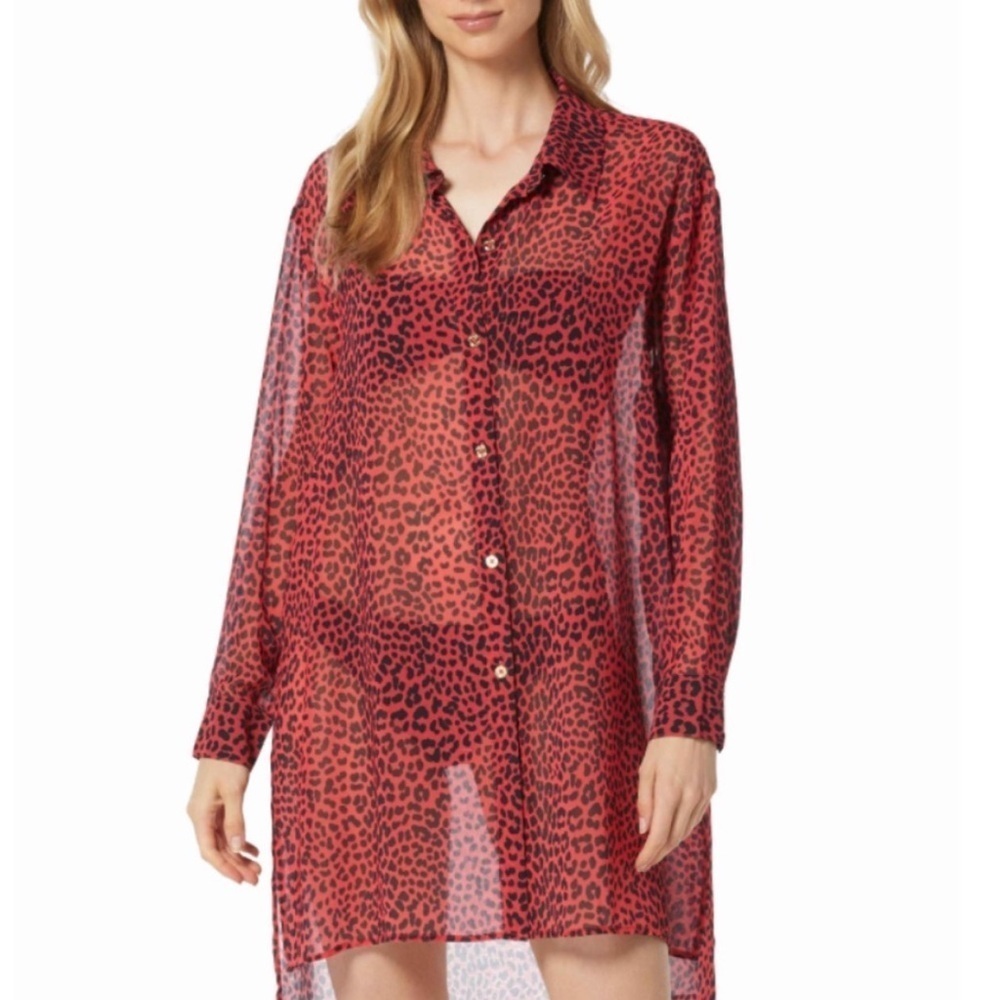 🆕 Michael Kors Women’s Animal Print Sheer Swimsuit Cover Up Sea Coral Sz Small